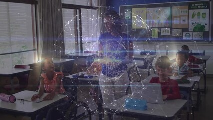 Teacher raising and guiding semi-transparent sphere growing, shrinking, students following in class - Powered by Adobe