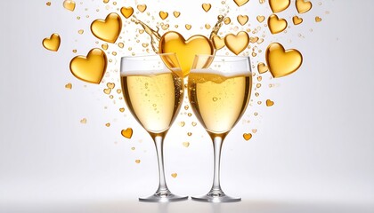 Two champagne glasses clink amidst golden hearts in celebration