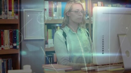 Adult woman typing at desk, initiating AR interface projection for selecting nodes, resuming typing - Powered by Adobe