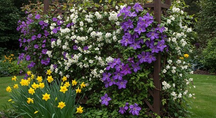 Obraz premium Vibrant purple and white clematis flowers climb wooden trellis beside cheerful yellow daffodils bathed in soft sunlight. AI Generated