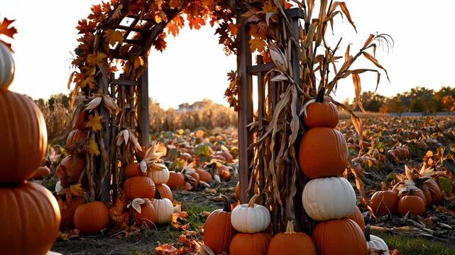 fall arch - A picturesque pumpkin patch at sunset featuring a rustic archway adorned with vibrant autumn leaves and stacked pumpkins, inviting visitors to explore the harvest scene