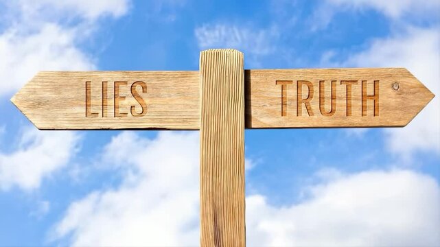 A wooden signpost depicts choices between truth and lies against a cloudy sky.