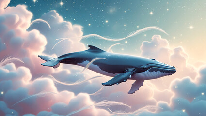 Majestic Whale Flying Through Dreamy Clouds and Stars