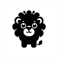 Cute cartoon lion with big eyes and a fluffy mane, standing on a white background.