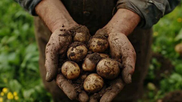A farmer's hands cradle freshly harvested potatoes, straight from the earth.