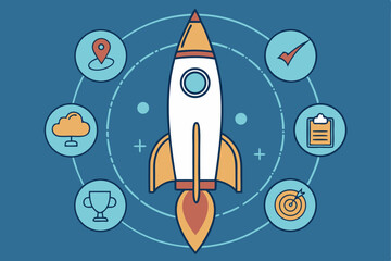 Rocketship with Icons on Blue Background launch startup