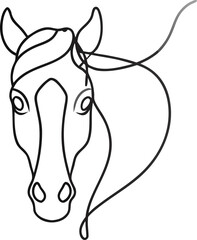 Continuous contour drawing of a horse head with white background.