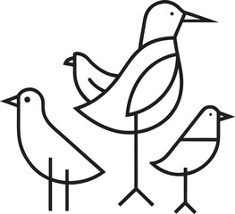  Minimalist line art set of various bird silhouettes with white background.