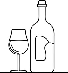 Continuous line art of a wine bottle and glass with white background.