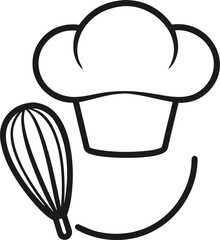 Minimalist line drawing of a chef's hat and whisk icon with white background.