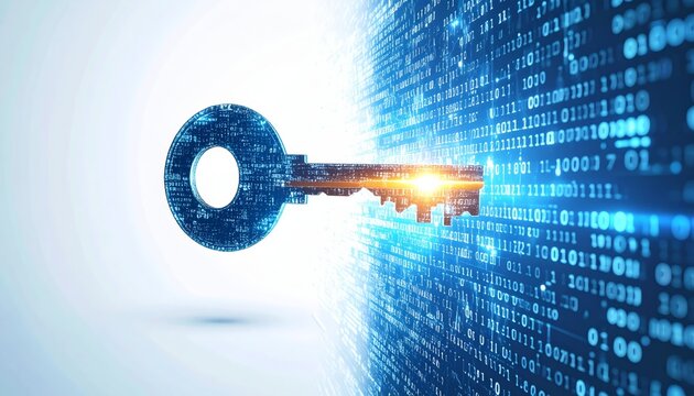 A digital key unlocks binary code on a blue glowing wall - Powered by Adobe