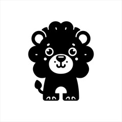 Adorable cartoon lion cub, black silhouette, simple design, friendly expression.