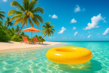 Obraz premium Tropical paradise beach scene with palm trees lounge chairs umbrella and yellow float