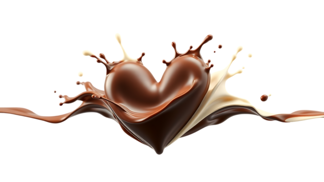 Set of Chocolate heart shape splashes in liquid wave motion dark and white milk chocolate isolated o