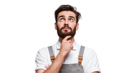 Young creative man in a studio setting, looking at floating tools (3D), waist-up, white background, PNG