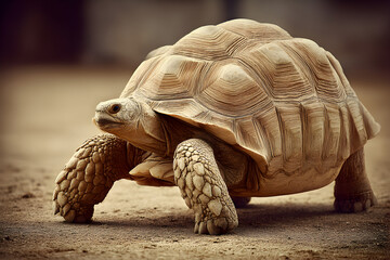 Close-up of a large African spurred tortoise walking on sandy ground in a natural habitat
