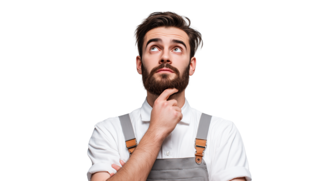 Young creative man in a studio setting, looking at floating tools (3D), waist-up, white background, PNG