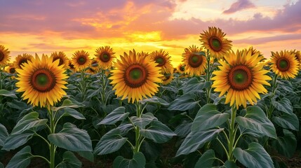 Obraz premium A field of vibrant sunflowers facing a gorgeous sunset