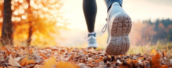 Close-up of a person walking or jogging through a forest trail covered in autumn leaves, representing fitness, wellness, and outdoor activity.