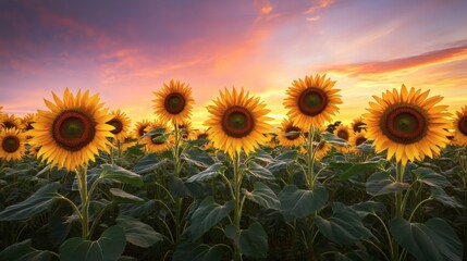 Obraz premium A vibrant field of sunflowers blooming under colorful sunset skies