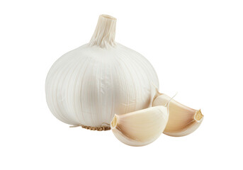 A whole garlic bulb with two cloves isolated on transparent background