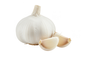A whole garlic bulb with two cloves isolated on transparent background
