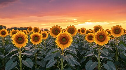 Fototapeta premium Beautiful sunflowers bloom under a stunning sunset with colorful skies