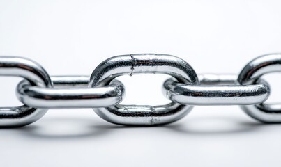 Obraz premium Shiny metal chain links on a white background showcasing strength and connection.