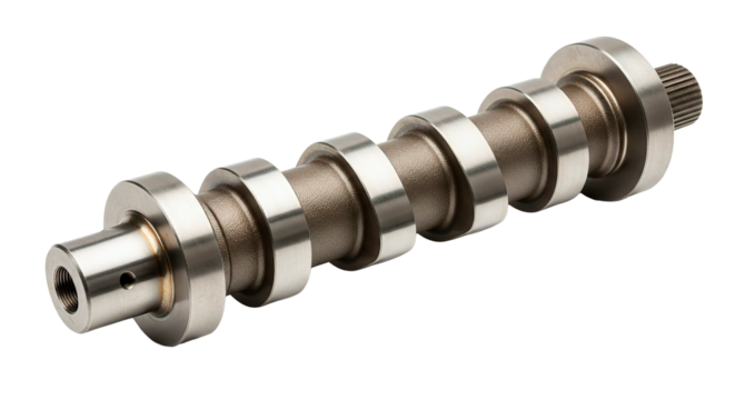 An automotive camshaft, the heart of an engine's valve timing system.