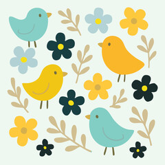 A vibrant pattern of birds and flowers on a blue background