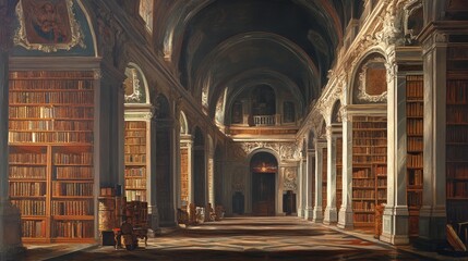 painting of majestic historic library interior with grand arches, tall bookshelves, classic european architecture, elegant academic reading hall perfect for education, literature, research, culture