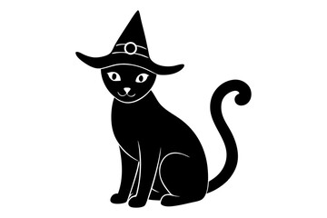 Black cat wearing witch hat sitting on white background vector art Halloween