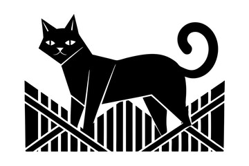 Black cat standing on abstract geometric fence vector art animal feline