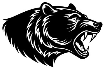Black bear head roaring with sharp teeth and white fur accents growling aggressive