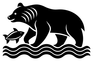 Black bear and fish in stylized water waves vector graphic wildlife