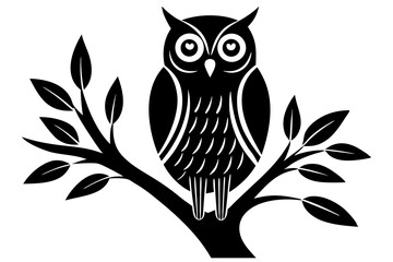 Black and white vector illustration of an owl perched on a tree branch with leaves bird