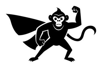 Black and white vector illustration of a superhero monkey flexing its bicep cape