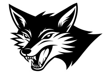 Black and white vector illustration of a fierce fox head with sharp teeth and pointed ears wolf canine