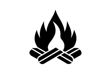 Black and white vector illustration of a campfire with flames and logs wood