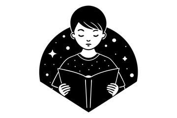 Black and white stylized vector art of a boy reading a book with stars and dots in the background open book