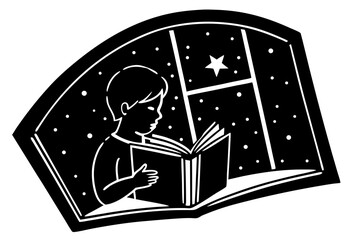 Black and white vector illustration of a child reading a book by a window at night with stars