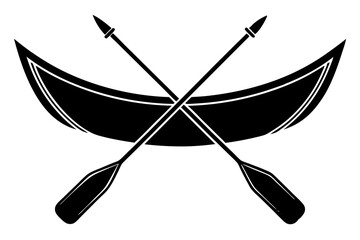 Black and white vector graphic of a canoe with crossed oars boat paddles