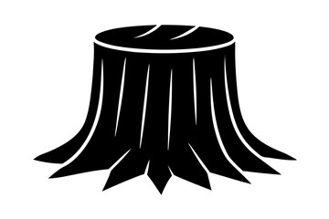Black and white simple vector illustration of a tree stump with visible rings on top and roots at the bottom