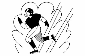 Black and white illustration of an American football player running with dynamic motion lines and abstract shapes