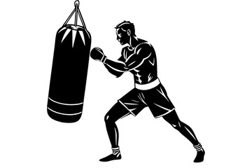 Black and white illustration of a boxer training with a punching bag boxing workout