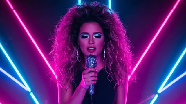 Energetic Singer Performing with Neon Lights Background, Captivating Performance Visuals