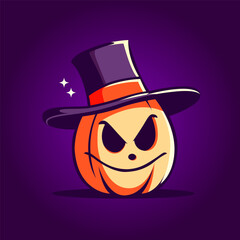 Halloween Pumpkin cartoon character. Happy Halloween greeting card. Pumpkin smiling. Halloween Background with Pumpkin, Jack-O'-Lantern Witch Hat. Halloween holiday spooky party banner. Carved pumpkin