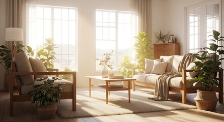 Sunlit Living Room with Minimalist Design and Abundant Plants