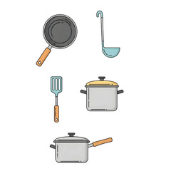 Flat-style kitchen cooking tools including pot, pan, and ladle in minimalist design – PNG Transparent Background