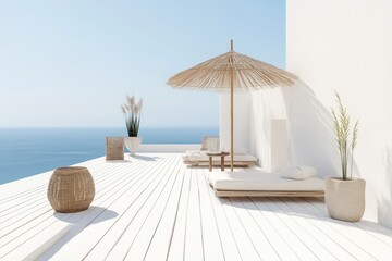 Obraz premium Whitewashed seaside deck with sun loungers and straw umbrella